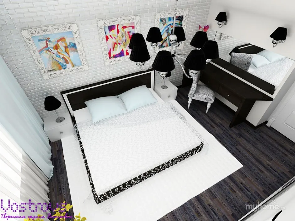 Белая спальня с элементами черного декора