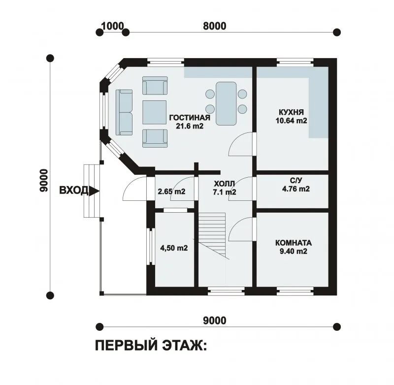 Планировка одноэтажного дома с эркером 9х9