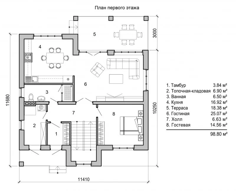 Планировка двухэтажного домов 11 на 11 с тремя спальнями
