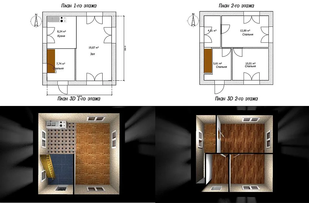 Чертеж и планировка дома в два этажа