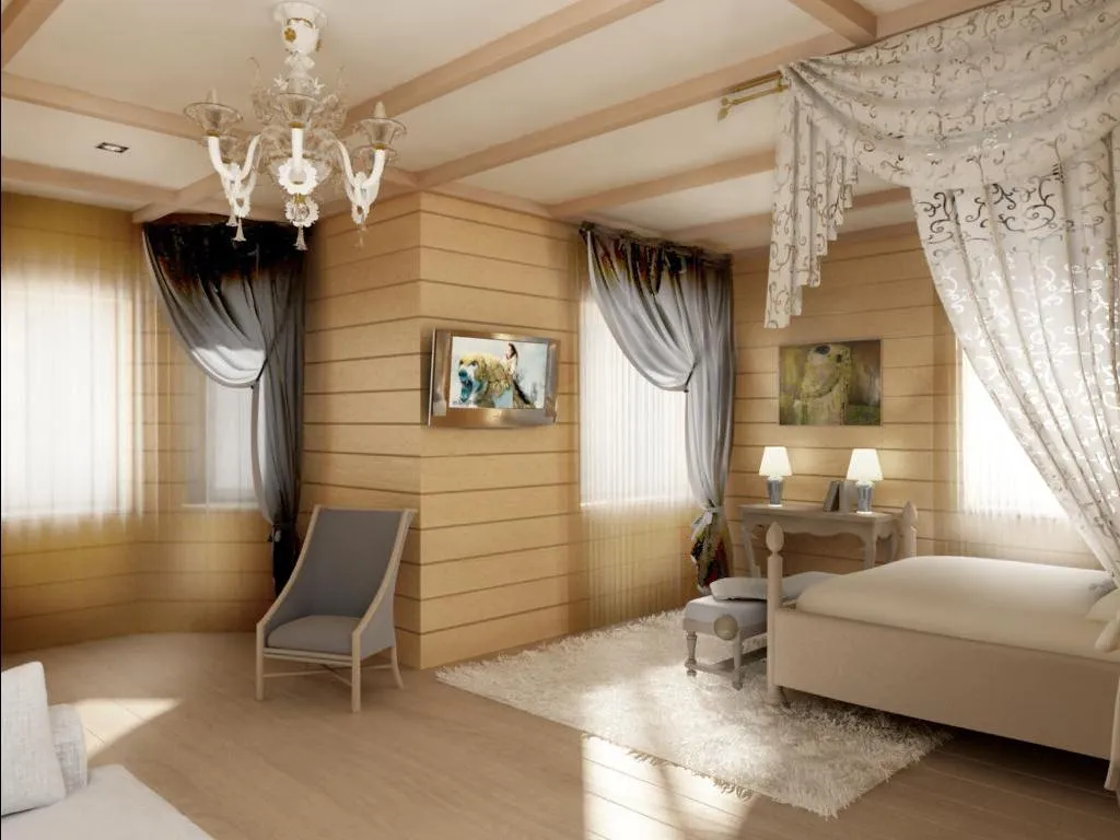 интерьер комнаты с применением деревянного бруса