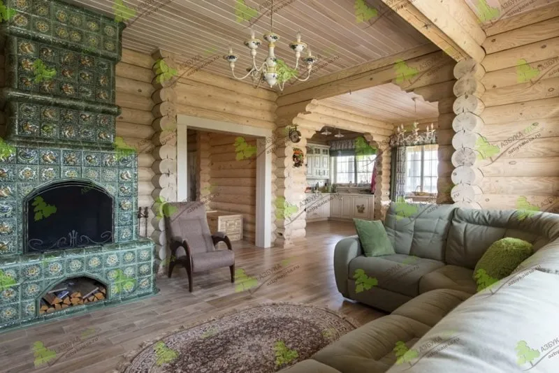 Интерьер в деревянном доме из оцилиндрованного бревна