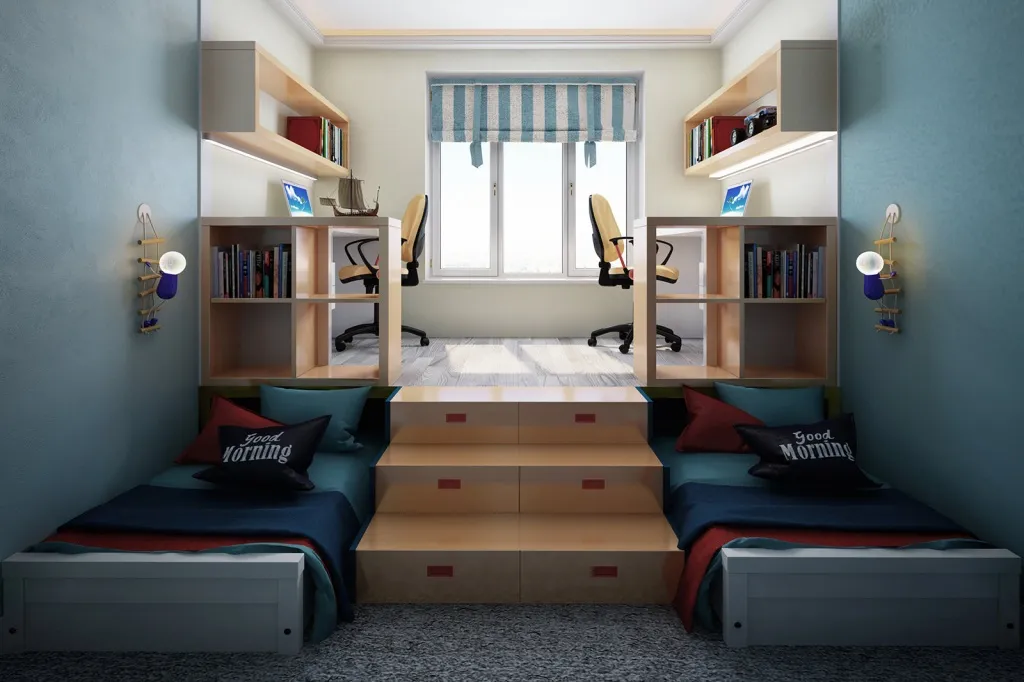 Оригинальное решение подростковой спальной зоны для двух мальчишек