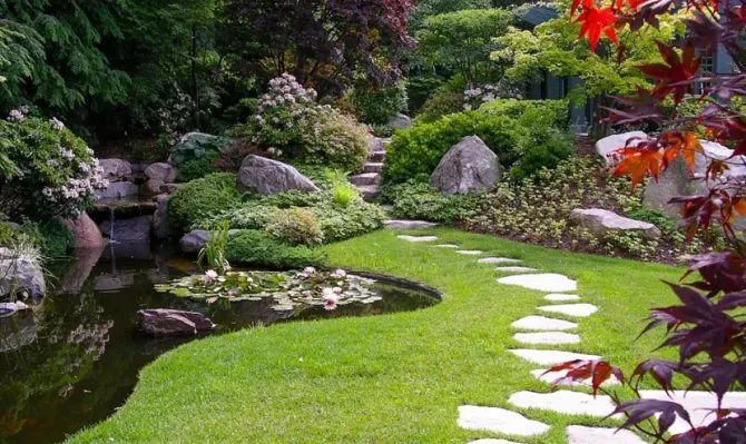Красивый сад с водоемом