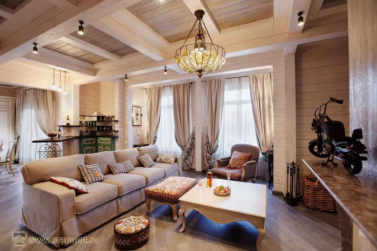 Дизайн гостиной дома из бруса в стиле прованс