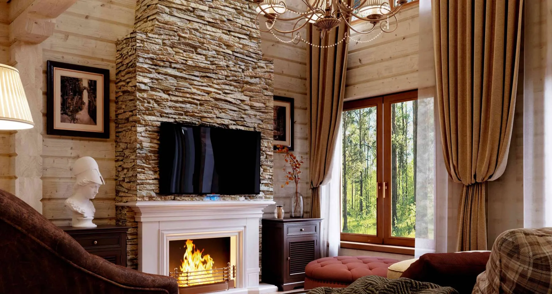 Дизайн зоны отдыха с камином в деревянном доме