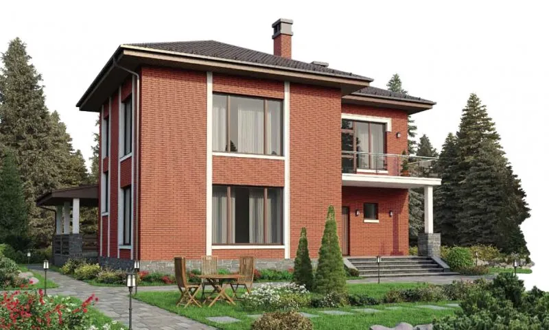 Двухэтажный дом из красного кирпича