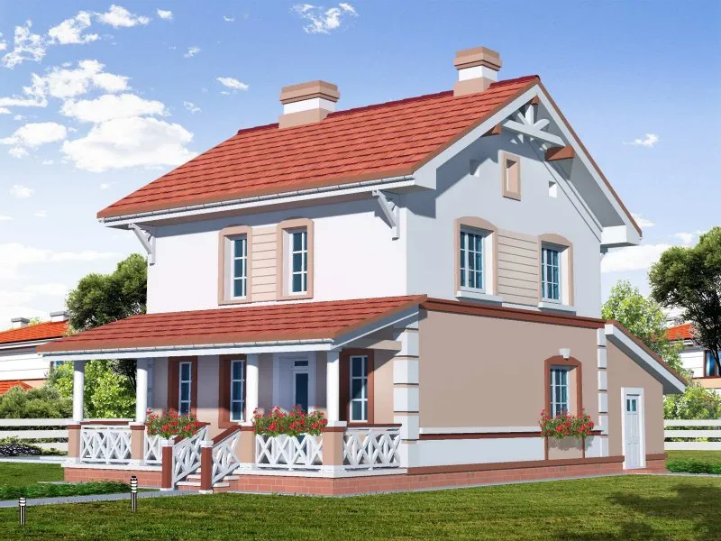 Двухэтажный дом с двускатной крышей