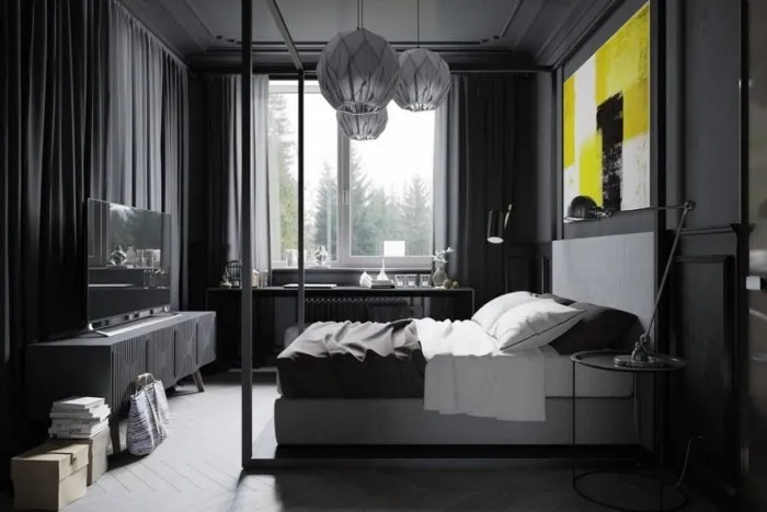 Черно белая спальня лофт