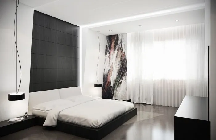 Современная спальня в черно-белом цвете