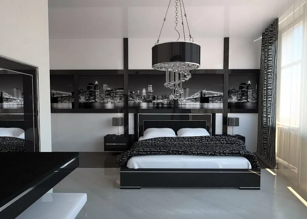 Черно белый интерьер в спальне в современном стиле