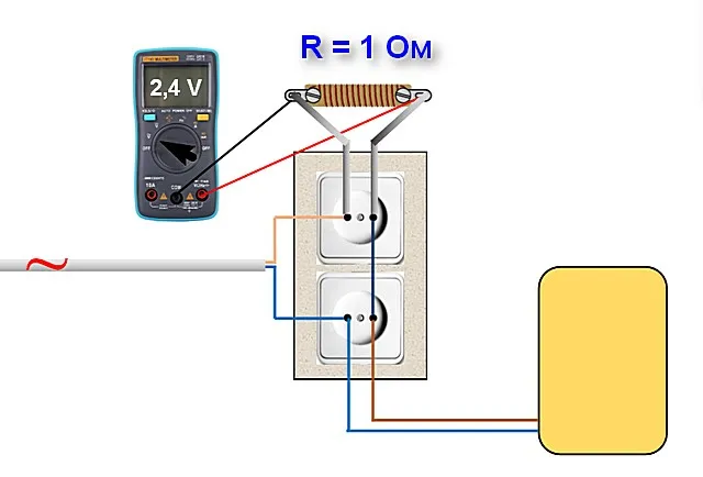 Самодельный резистор сопротивлением 1 ом установлен в разрыв цепи. Замерив на нем переменное напряжение, одновременно получим и точное значение силы тока.