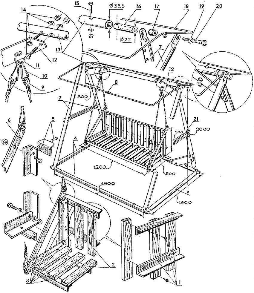 Схема устройства садовых качелей: 1 - шурупы для крепления планок спинки и сиденья; 2 - планки; 3 - уголки каркаса сиденья-качалки; 4 - штанга основания фермы качелей; 5 - заклепки; 6 - соединительная полоса жесткости сиденья и подвеска сиденья; 7 - боковые штанги фермы качелей; 8 - соединение концов опорной рамки тента; 9 - шнур для подвески сиденья качалки; 10 - карабин; 11 - кольцо; 12 - косынка-подкос; 13 - верхняя штанга фермы качелей; 14 - соединительные болты с шайбами и гайками; 15 - болт-фиксатор вкладыша; 16 - вкладыш с отверстием и внутренней резьбой под соединительный болт; 17 - широкая распорная шайба; 18 - опорная рамка для тента; 19 - шайба; 20 - болт, соединяющий верхнюю штангу с боковыми; 21 - ригель - 2 шт. (стальная полоса с болтами)