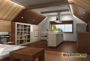 Мансардный этаж - оформление интерьера (вид со стороны кухонной зоны)