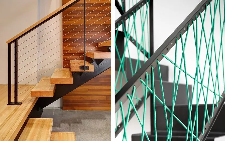 Для придания эстетичности и дополнительной безопасности конструкции лестницы, поручни можно декорировать шнуром 