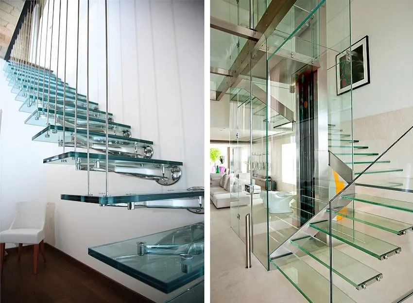 Лестницы из металла и закаленного стекла выглядят легкими и воздушными, но в эксплуатации надежны и удобны