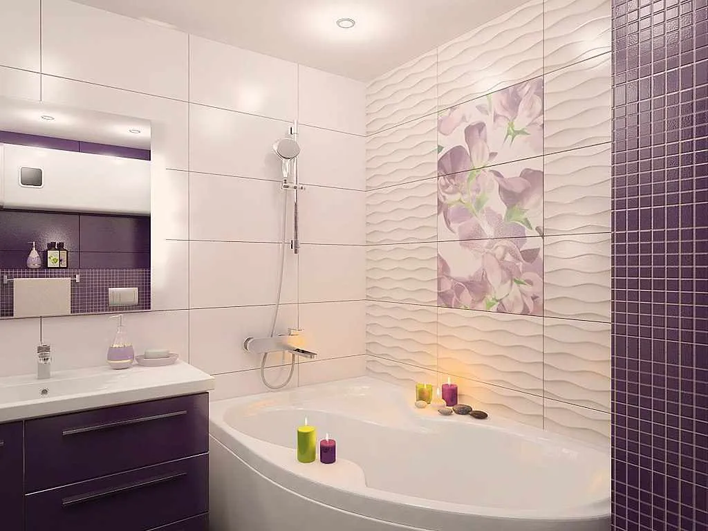 идея необычного дизайна ванной комнаты с облицовкой плиткой