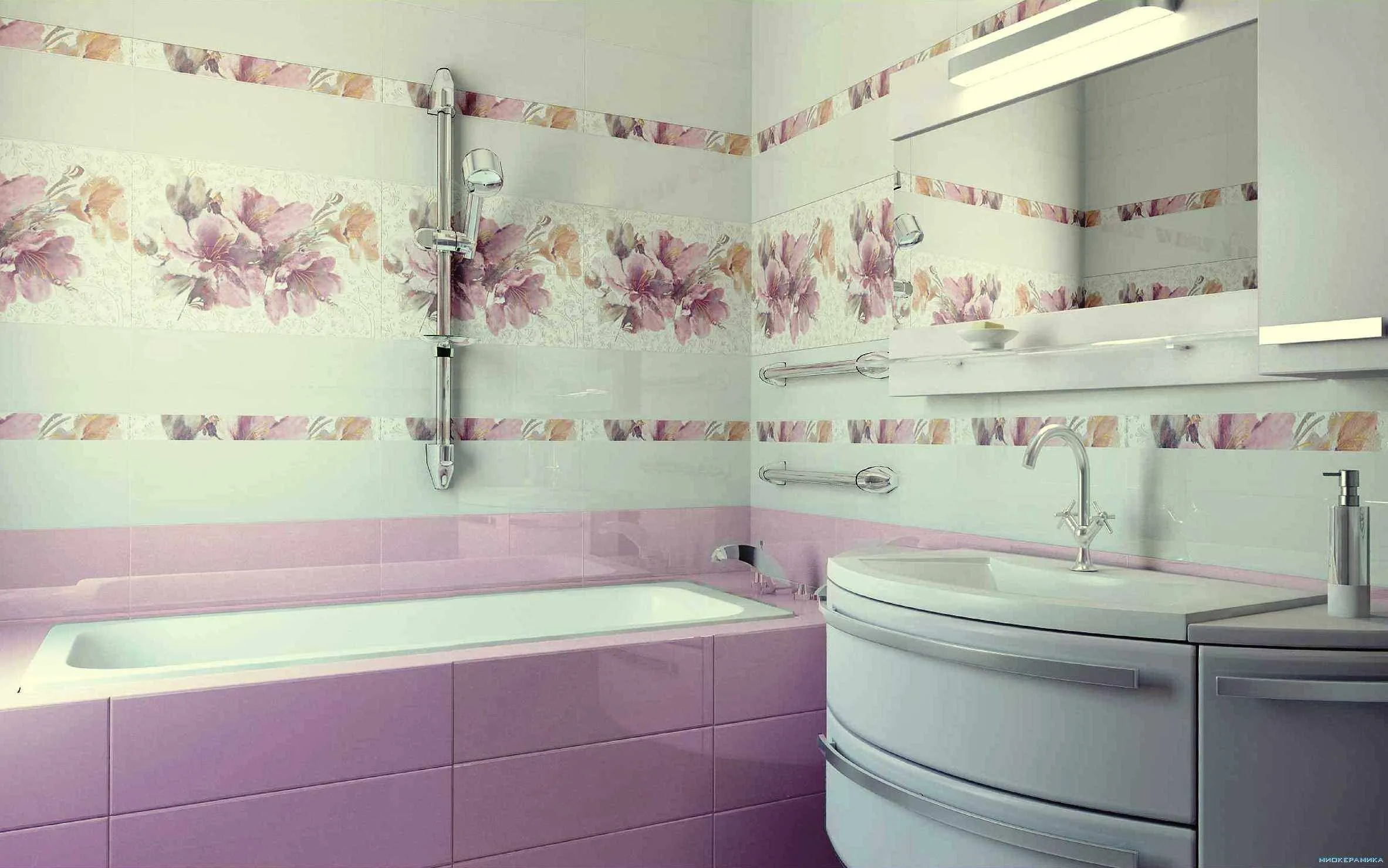 пример яркого декора ванной комнаты с облицовкой плиткой