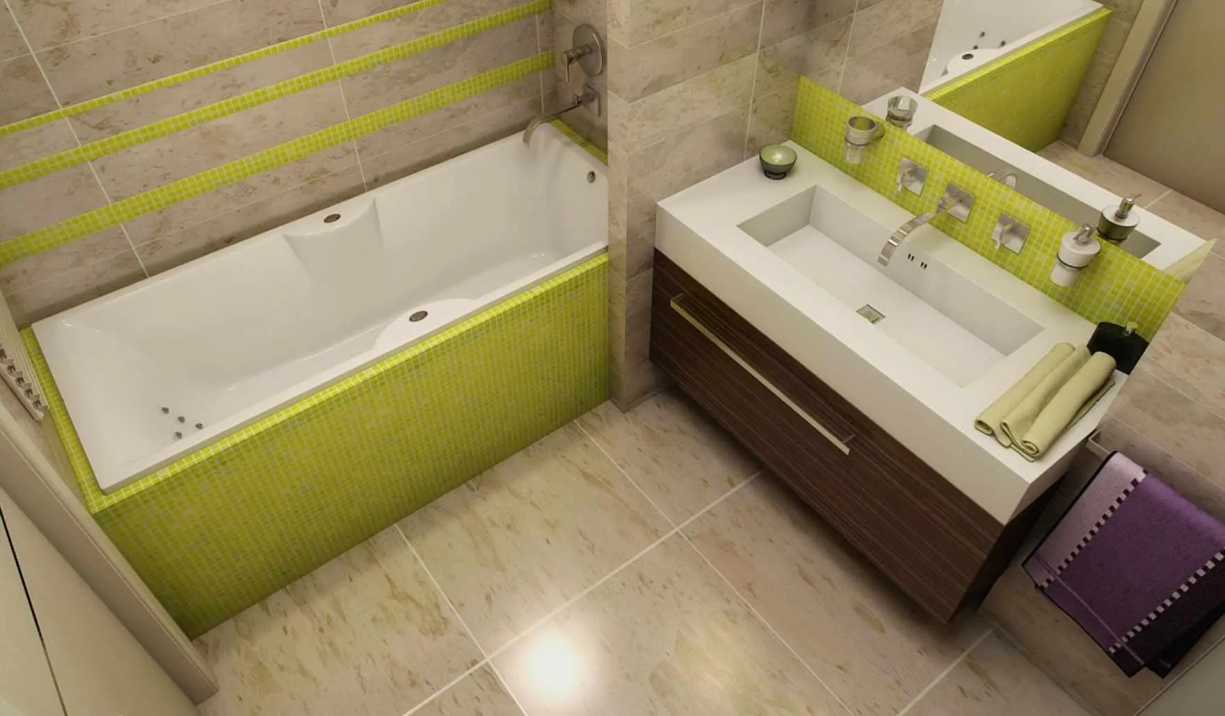 вариант необычного дизайна ванной комнаты с облицовкой плиткой