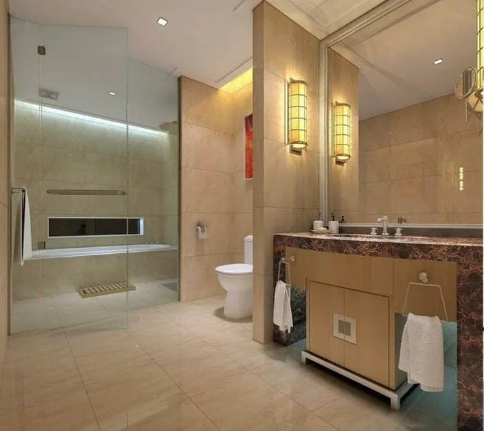 необычный интерьер ванной комнаты с душем в ярких тонах