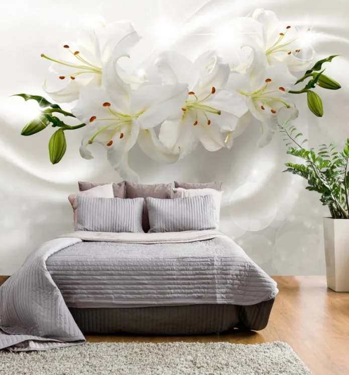 3D обои с цветами в интерьере спальни