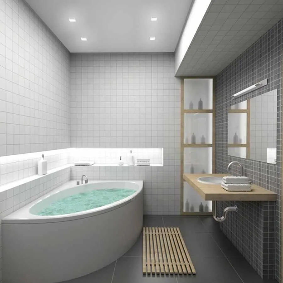 Интерьер ванной комнаты с угловой ванной